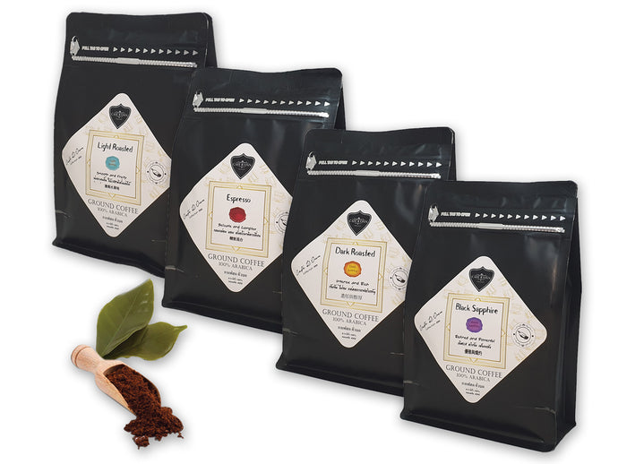 GROUND COFFEE Light/Espresso/Dark/Black Roasted, 250 g x 4 bags